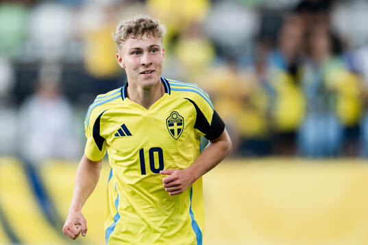 Hugo Bolin of Sweden celebrates the 5-0 goal