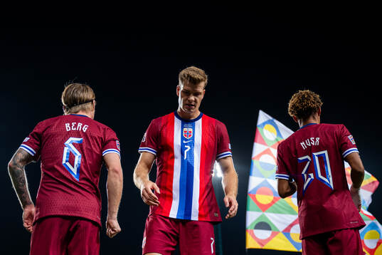 Patrick Berg, Alexander Sørloth and Antonio Nusa of Norway