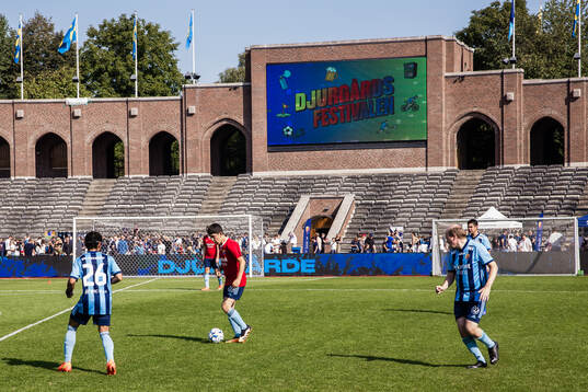 Bildskärm på Stockholms Stadion visar logotyp för