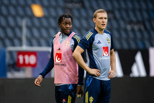 Anthony Elanga and Ludwig Augustinsson of the Swedish men's
