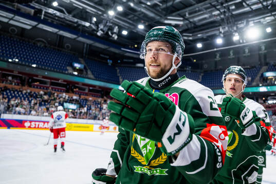 Emil Alba of Färjestad celebrates