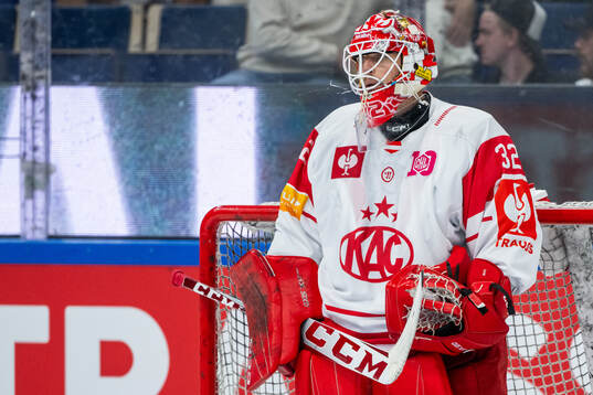 Goaltender Sebastian Dahm of Klagenfurt looks dejected