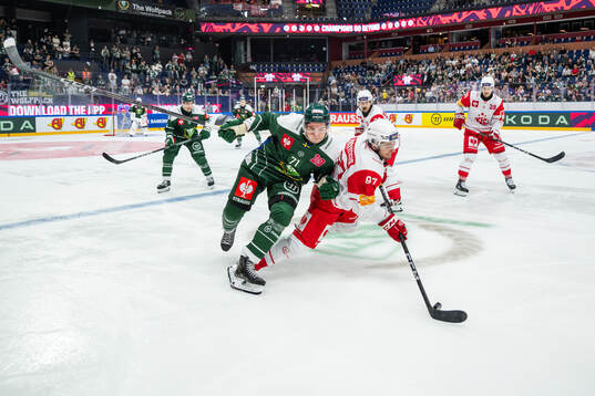 Viktor Lodin of Färjestad and Fabian Hockegger of