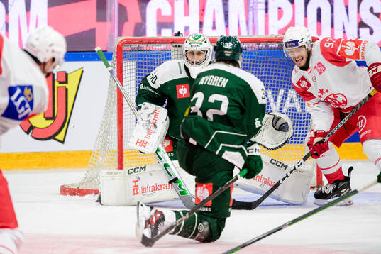 goaltender Damian Clara of Färjestad  and Fabian Hockegger
