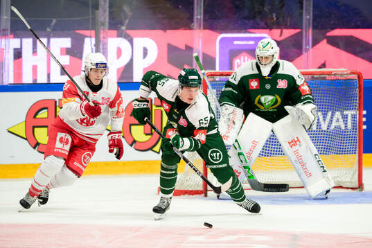 Finn Van Ee of Klagenfurt and Noel Fransén of Färjestad