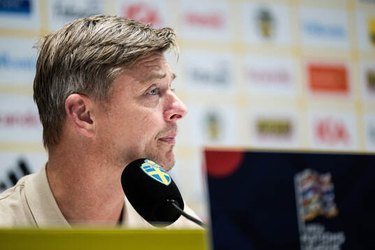 Head coach Jon Dahl Tomasson of Sweden at the press