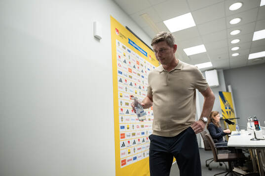 Head coach Jon Dahl Tomasson of Sweden at the press