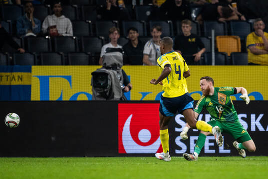 Goalkeeper Viktor Johansson of Sweden with a save