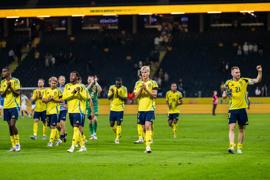 Lucas Bergvall and Dejan Kulusevski of Sweden celebrate