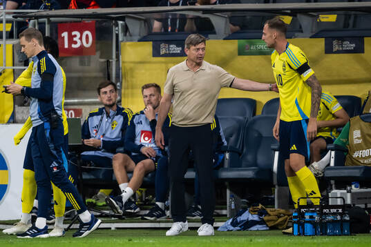 Head coach Jon Dahl Tomasson and Gustaf Nilsson of Sweden