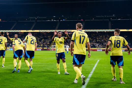 Niclas Eliasson and Viktor Gyökeres of Sweden celebrate