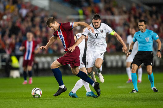 Alexander Sørloth of Norway and Marcel Sabitzer of Austria