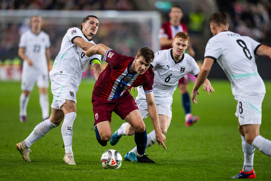 Marcel Sabitzer of Austria and Alexander Sørloth of Norway