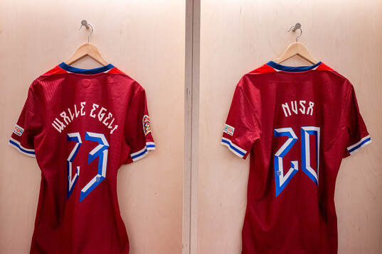 The kits of Sindre Walle Egeli and Antonio Nusa of Norway