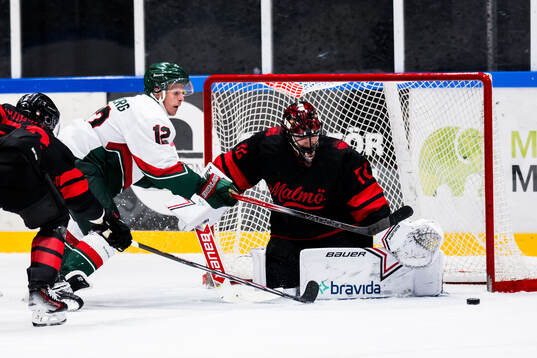 Frölundas Max Friberg och Malmö Redhawks målvakt Daniel