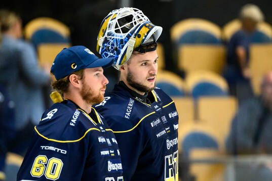 HV71s målvakt Hugo Alnefelt och målvakt Frederik Dichow