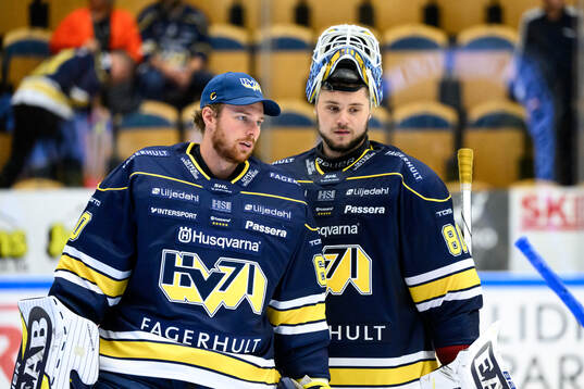 HV71s målvakt Hugo Alnefelt och målvakt Frederik Dichow