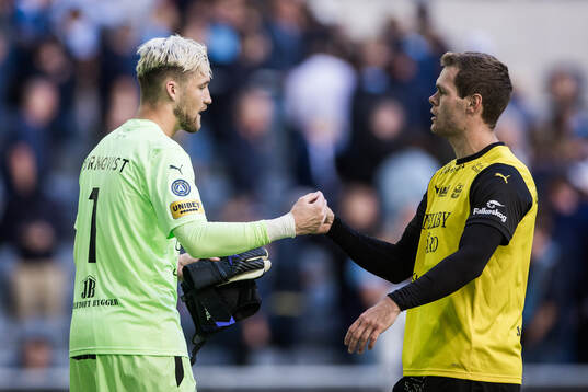 Mjällbys målvakt Noel Törnqvist och Jacob Bergström