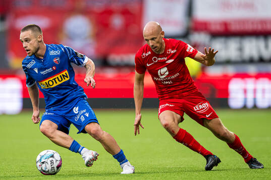 Loris Mettler of Sandefjord and Ruben Kristiansen of Brann