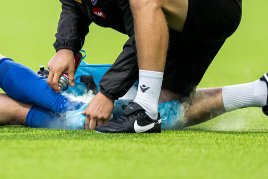 Jakob Maslø Dunsby of Sandefjord with an injury