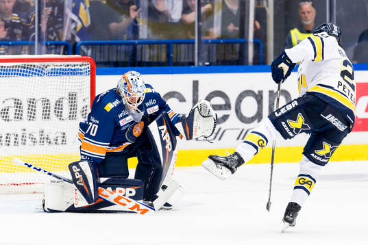 Växjös målvakt Adam Åhman och HV71s Andre Petersson