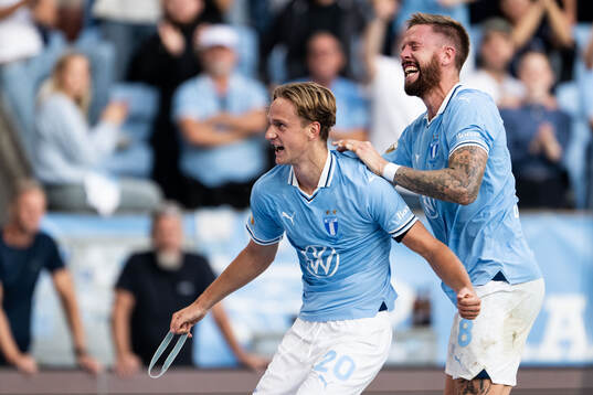 Malmö FFs Erik Botheim jublar med Pontus Jansson