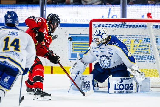 Luleås Albin Lundin och Leksands målvakt Mantas Armalis