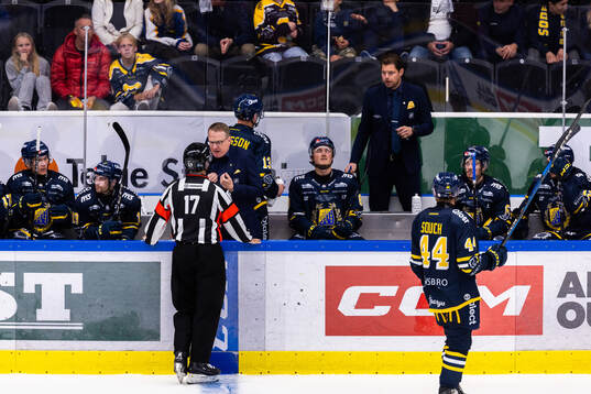 Södertäljes tränare Magnus Bogren diskuterar med domaren