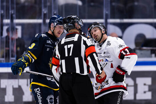 Domare Niklas Johansson diskuterar med Södertäljes Henrik