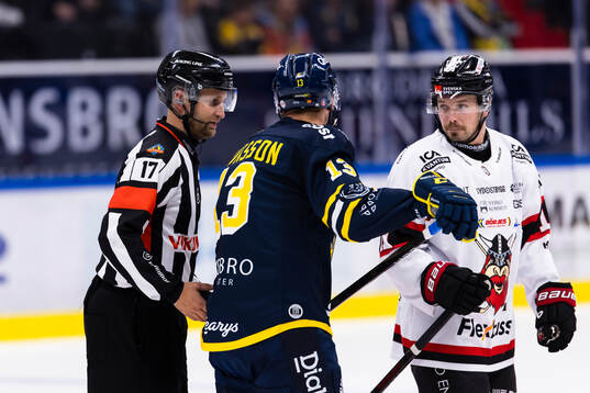 Domare Niklas Johansson diskuterar med Södertäljes Henrik
