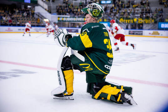 Björklövens målvakt Melker Thelin innan ishockeymatchen
