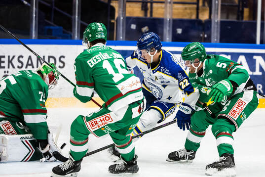 Rögles målvakt Arvid Holm och Leksands Lukas Vejdemo och