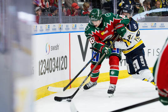 Frölundas Dominik Egli och HV71s Hugo Fransson