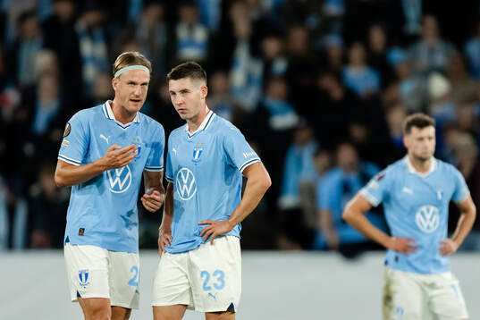 Erik Botheim and Lasse Berg Johnsen of Malmö FF look
