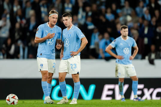 Erik Botheim and Lasse Berg Johnsen of Malmö FF look