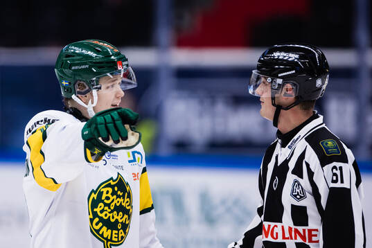 Björklövens Liam Dower Nilsson i diskussion med domare