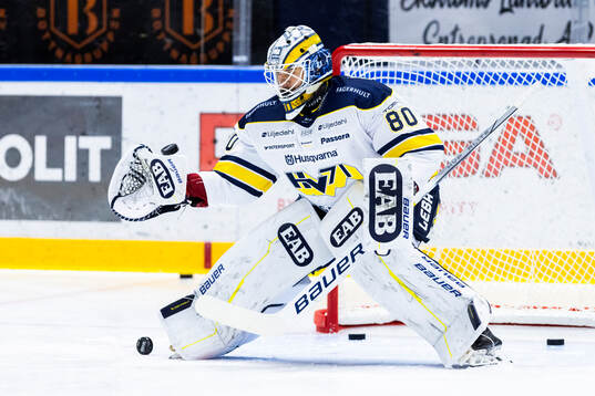 HV71s målvakt Frederik Dichow på uppvärmningen