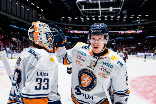 Växjös målvakt Emil Larmi och Emil Sylvegård jublar