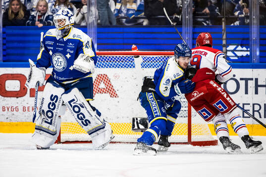 Leksands målvakt Mantas Armalis och Fred Nilsson och