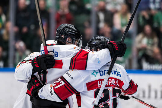 Malmö Redhawks Johan Olofsson jublar med lagkamrater