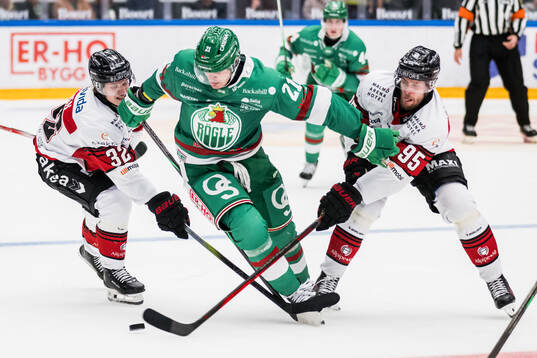 Malmö Redhawks Joona Ikonen och Rögles Henry Bowlby och