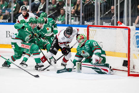 Malmö Redhawks Johan Olofsson och Rögles målvakt
