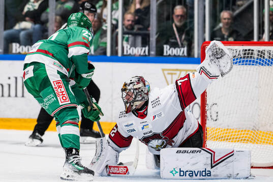 Rögles Josh Dickinson och Malmö Redhawks målvakt Daniel