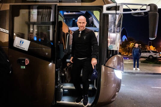 Head coach Henrik Rydström of Malmö FF arrives in Baku