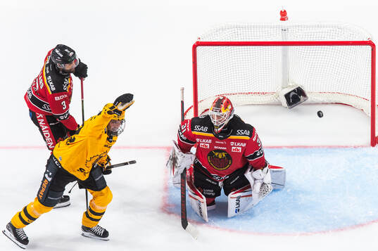 Skellefteås Jonathan Johnson jublar och Luleås målvakt