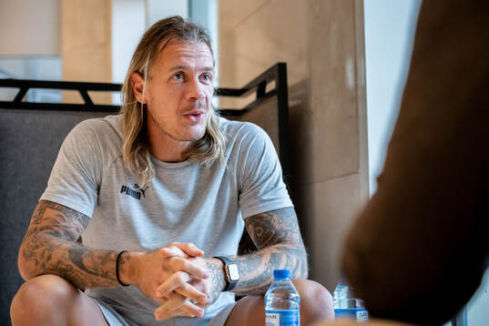 Goalkeeper Johan Dahlin of Malmö FF is being interviewed