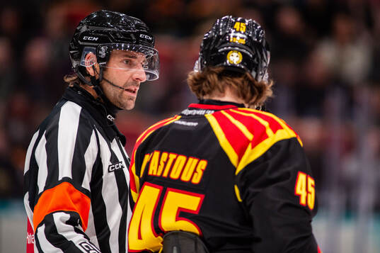 Domare Mikael Sjöqvist i konversation med Brynäs