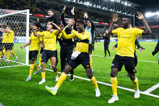 Players of Elfsborg celebrate in the stands