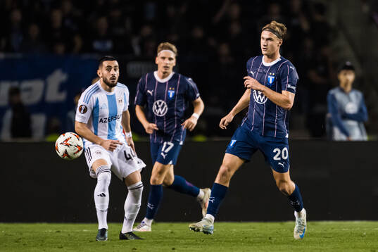 Erik Botheim of Malmö FF and Elvin Jafarguliyev of Qarabag