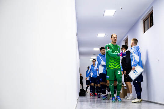 Goalkeeper Johan Dahlin and Anders Christiansen of Malmö FF